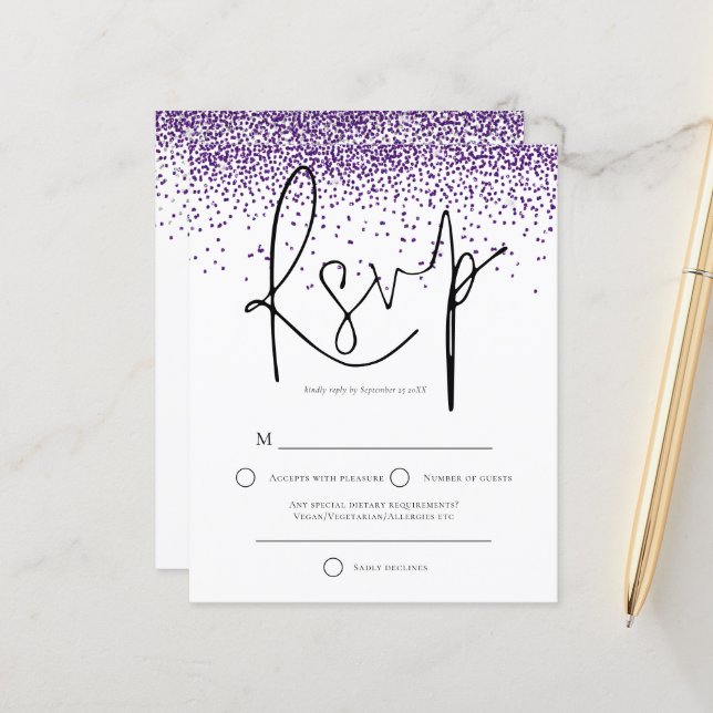 Budget Lila Glitzer Confetti Wedding RSVP (Vorderseite/Rückseite Beispiel)