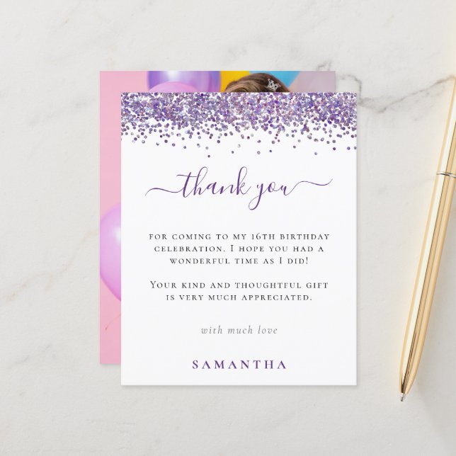 Budget Lila Glitzer Foto Sweet 16 Danke (Vorderseite/Rückseite Beispiel)