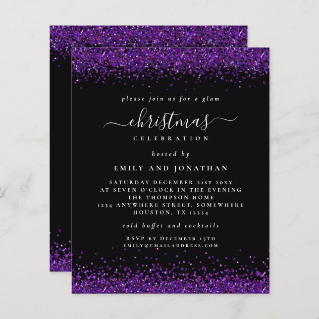 Budget Lila Glitzer Weihnachts-Party Black Invite (Vorne/Hinten)