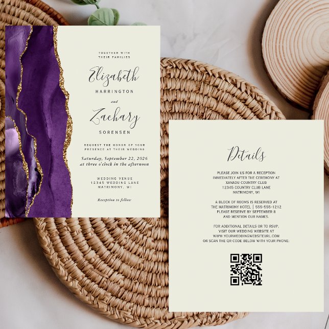 Budget Lila Gold Agate Ivory QR Code Hochzeit (Von Creator hochgeladen)