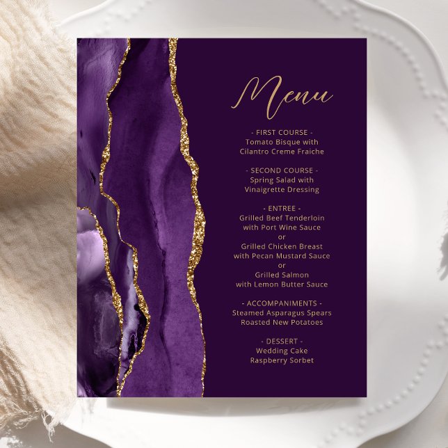Budget Lila Gold Agate Script Plum Wedding Menu (Von Creator hochgeladen)