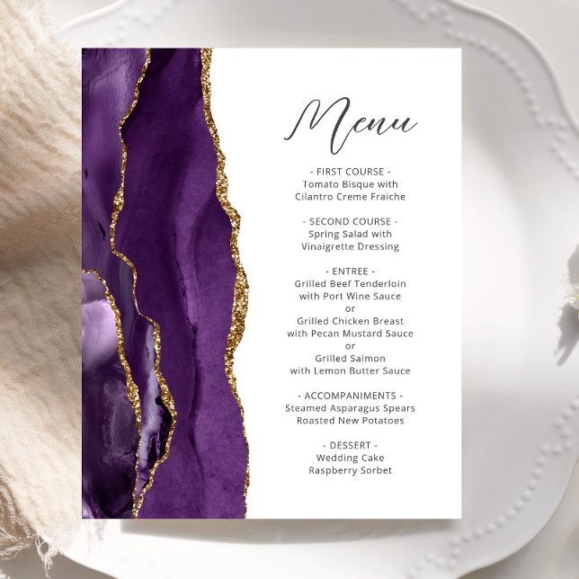 Budget Lila Gold-Agate-Skript-Hochzeitmenü (Von Creator hochgeladen)