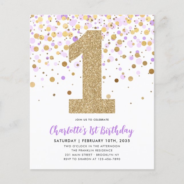 Budget Lila Gold Confetti Girl 1. Geburtstag Flyer (Vorne)