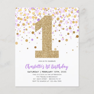 Budget Lila Gold Confetti Girl 1. Geburtstag Flyer