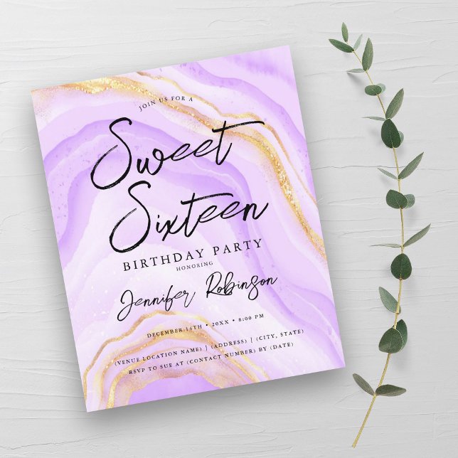 Budget Lila Gold Glitzer Marmor Sweet 16 Einladung (Budget Purple Gold Glitter Marble Sweet 16 Invite )