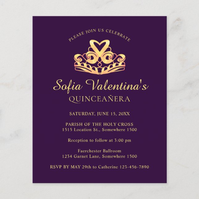 Budget Lila Gold Tiara Quinceanera Einladung (Vorderseite)
