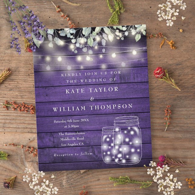 Budget Lila Holzleuchten Mason Jar Wedite Einladun (Budget Purple Wood Lights Mason Jar Wedding Invite)