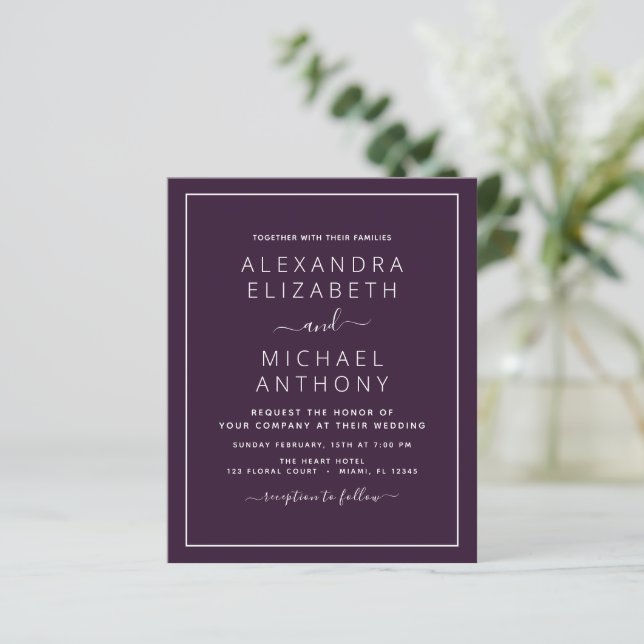 Budget Lila Plum Wedding Moderne Typografie (Stehend Vorderseite)