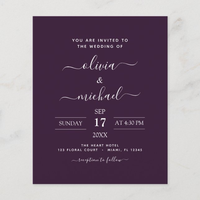 Budget Lila Plum Wedding Moderne Typografie Flyer (Vorne)