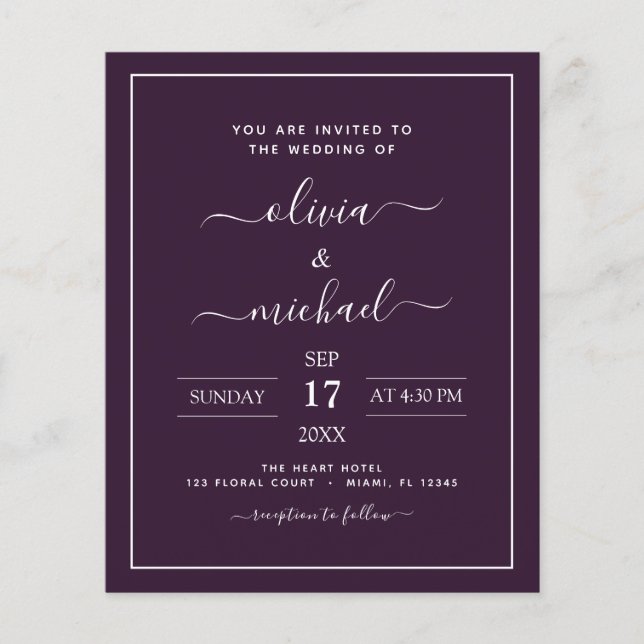 Budget Lila Plum Wedding Moderner Typografie Flyer (Vorne)