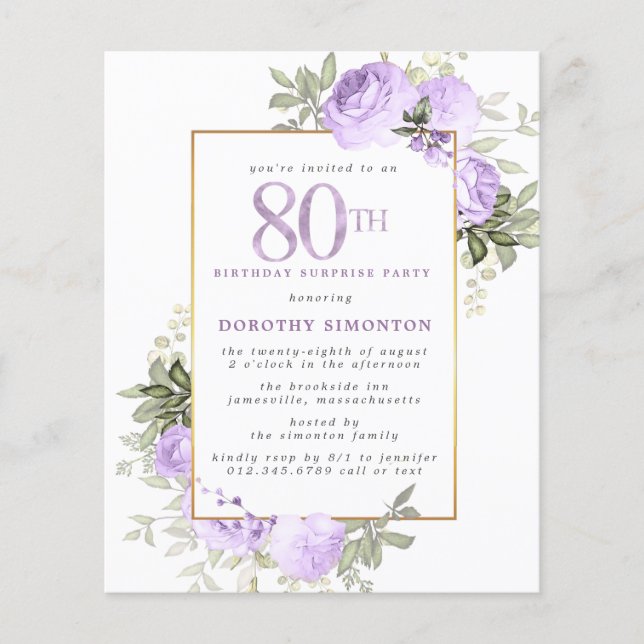 Budget Lila Rose 80. Geburtstag Überraschung Party (Vorderseite)