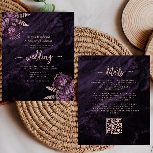 Budget Lila Rosen Gold Florales QR-Code Hochzeit