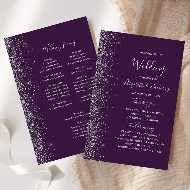 Budget Lila Silber Glitter-Rand Hochzeitsprogramm (Von Creator hochgeladen)