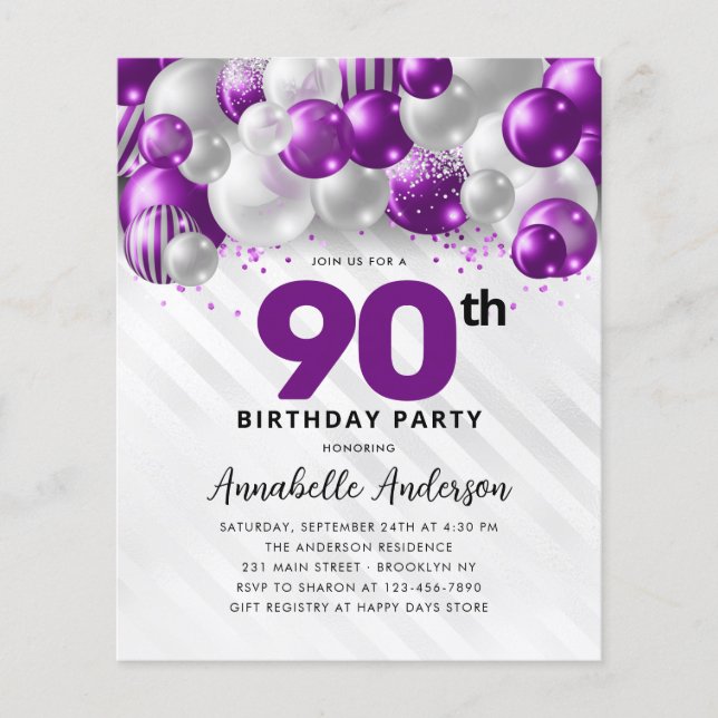 Budget Lila Silver Balloon Glitzer 90. Geburtstag (Vorderseite)