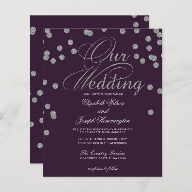 Budget Lila Silver Confetti Hochzeit Einladung (Vorne/Hinten)