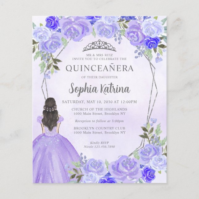 Budget Lila Silver Floral Prinzessin Quinceañera (Vorderseite)