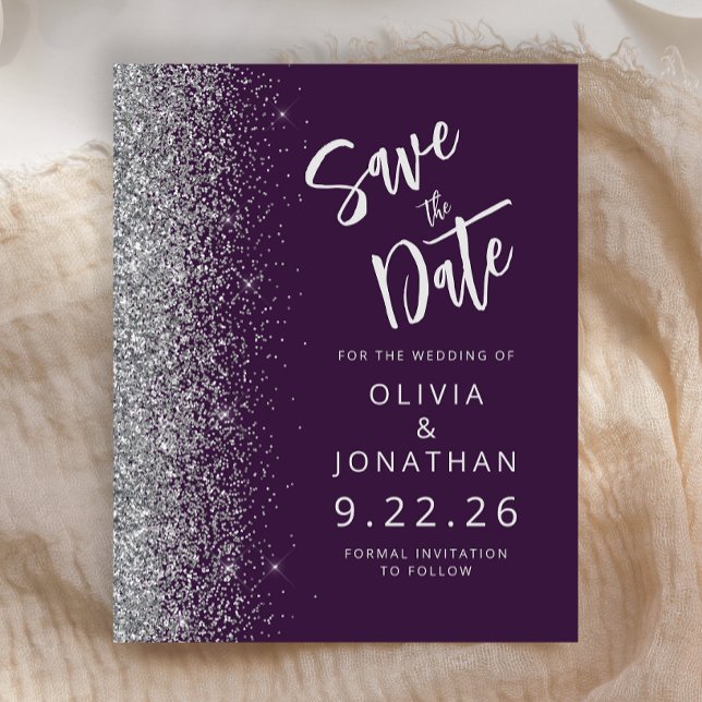 Budget Lila Silver Script Glitzer Save the Date (Von Creator hochgeladen)