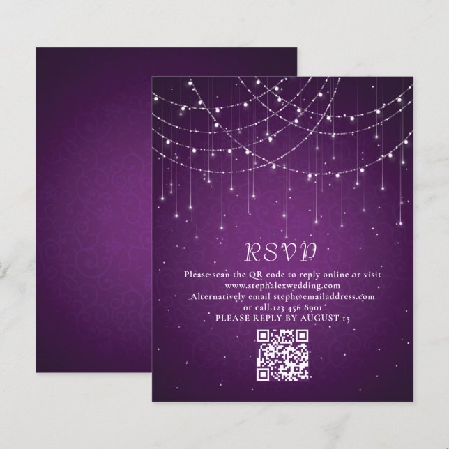 Budget Lila String Lights QR Code Wedding RSVP (Vorne/Hinten)