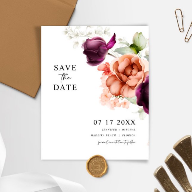 Budget Lila und Peach Blume Save the Date Karte (Von Creator hochgeladen)