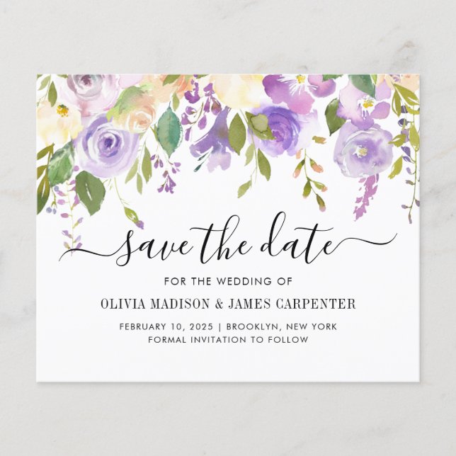 Budget Lila Violett Floral Save the Date (Vorderseite)
