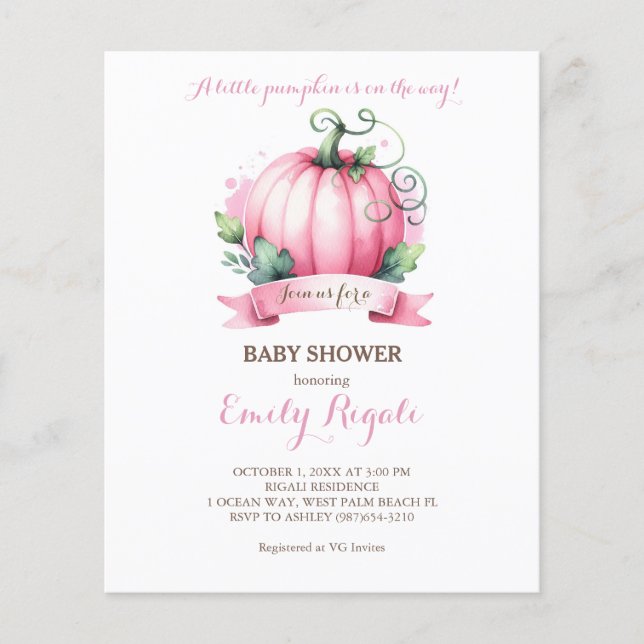 Budget Little Pumpkin Baby Shower Invitation Girl Flyer (Vorne)