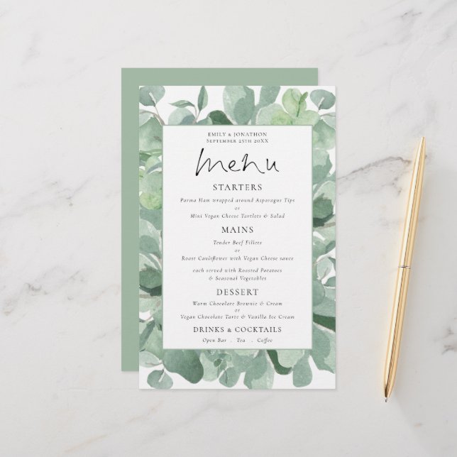Budget Lush Eukalyptus Frame Wedding Menu (Vorderseite/Rückseite Beispiel)