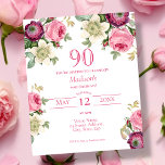 Budget Magenta Floral 90th Birthday Invitation<br><div class="desc">Customizable affordable paper 90th birthday invitations,  featuring pretty watercolor roses,  anemones and clematis. In tones of magenta,  pinks,  purples and creams.</div>