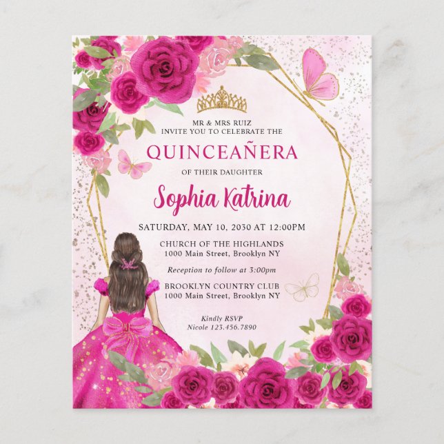 Budget Magenta Gold Floral Prinzessin Quinceañera (Vorderseite)