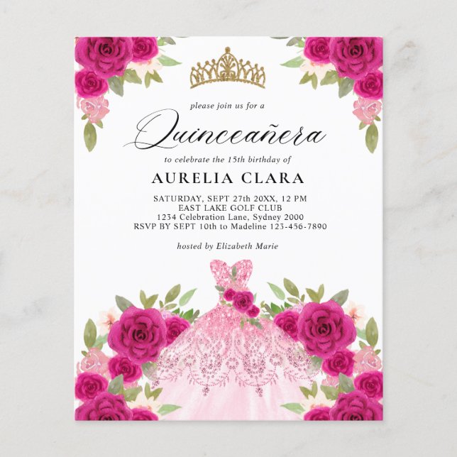 BUDGET Magenta Rosa Kleid Floral 15. Quinceañera (Vorderseite)