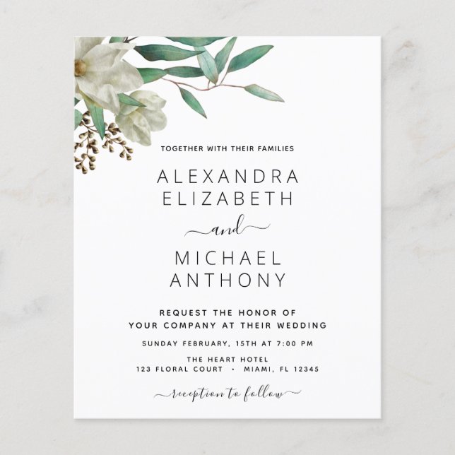 Budget Magnolia Eucalyptus Elegant Wedding Flyer (Vorne)