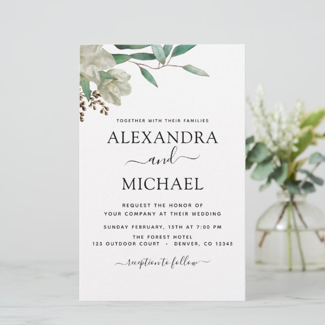 Budget Magnolia Eucalyptus Wedding Einladung (Stehend Vorderseite)
