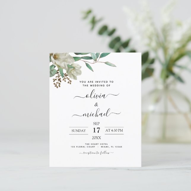 Budget Magnolia Eucalyptus Wedding Einladung (Stehend Vorderseite)