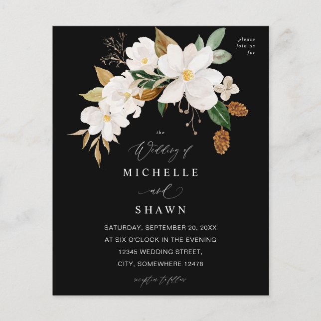 Budget Magnolia White Floral Wedding - Black Flyer (Vorne)