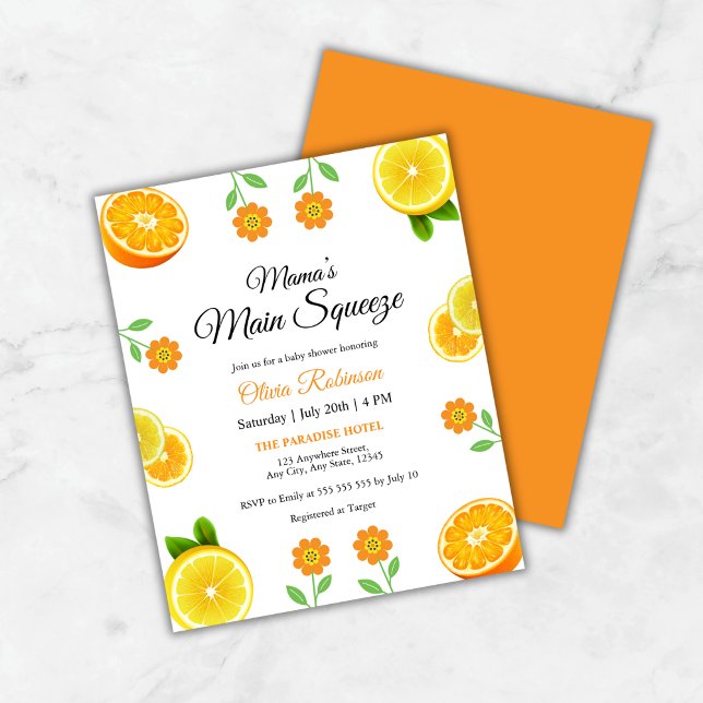 Budget Mamas Haupt Squeeze Baby Dusche laden (Budget Mama's Main Squeeze Orange Citrus Baby Shower Invitation )