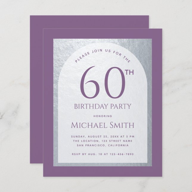 Budget Man Birthday Dusty Lila Silver Einladung (Vorne/Hinten)