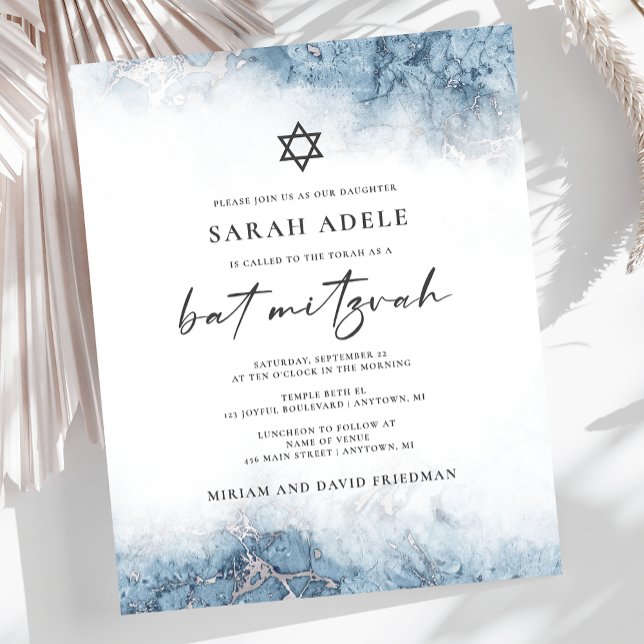 Budget Marmor Blue Silver Bat Mitzvah Einladung (Von Creator hochgeladen)