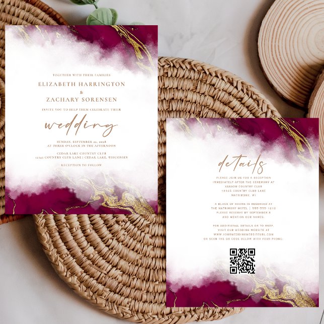 Budget Marmor Burgundy Gold QR Code Hochzeit Einla (Von Creator hochgeladen)