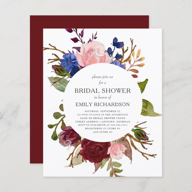 Budget Marsala Floral Bridal Dusche Einladung (Vorne/Hinten)