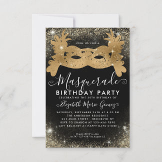 Budget Masquerade Black Gold Glam Glitzer Geburtst Mitteilungskarte