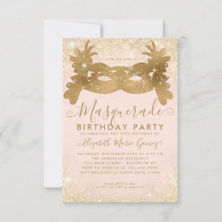 Budget Masquerade Blush Pink Gold Glitzer Geburtst Mitteilungskarte