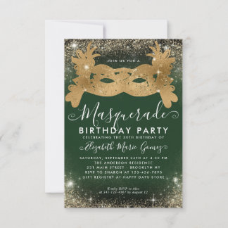 Budget Masquerade Green Gold Glam Glitzer Geburtst Mitteilungskarte