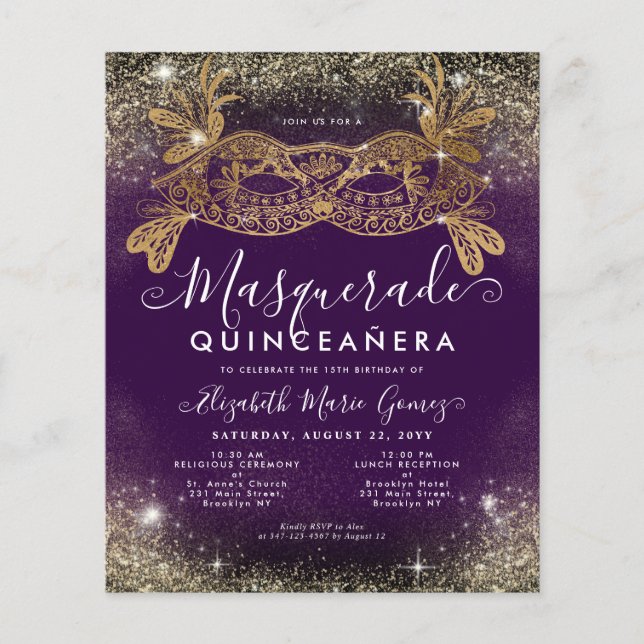 Budget Masquerade Lila Gold Glitzer Quinceanera (Vorderseite)