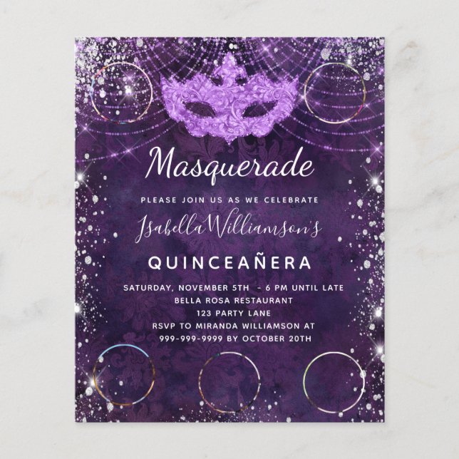 Budget Masquerade lila Quinceanera Einladung (Vorderseite)