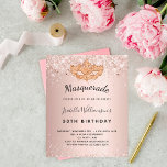 Budget Masquerade Rose Gold Glitzer Geburtstag<br><div class="desc">Für eine elegante Masquerade,  für einen 50. Geburtstag (oder jedes Alter). Eine gürtliche Rose Gold Imitate metallisch aussehen Hintergrund. Dekoriert mit Imitaten Glitzer Staub und eine goldene Maske. Personalisieren und fügen Sie Namen,  Alter und Party Details hinzu. Der Name wird mit einem handgeschriebenen Stilskript geschrieben</div>