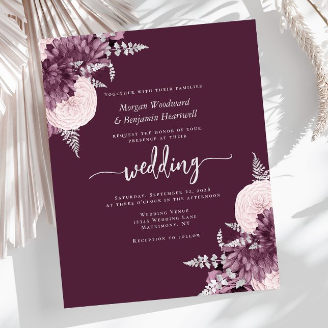 Budget Mauve Silver Floral Wedding Invite (Von Creator hochgeladen)