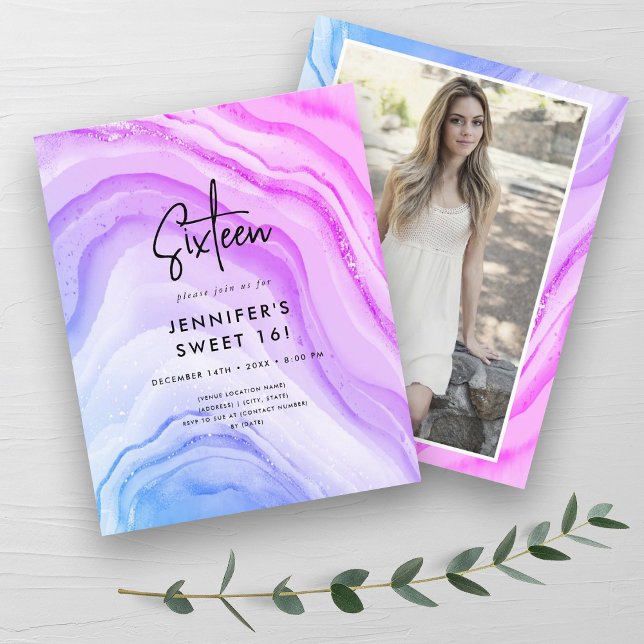 Budget Mermaid Ombre Marble Foto Sweet 16 Einladun (Budget Mermaid Ombre Marble Photo Sweet 16 Invite)
