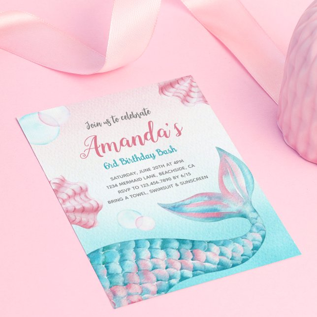 Budget Mermaid Wasserfarbe Geburtstag Einladung (Von Creator hochgeladen)