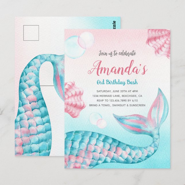 Budget Mermaid Wasserfarbe Geburtstag Einladung Postkarte (Vorne/Hinten)
