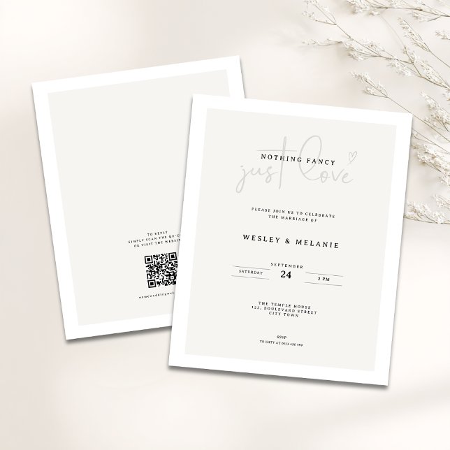 Budget Minimal Beige QR-Code Nichts Überflüssiges  (Budget Nothing fancy just love minimalist wedding invitation )