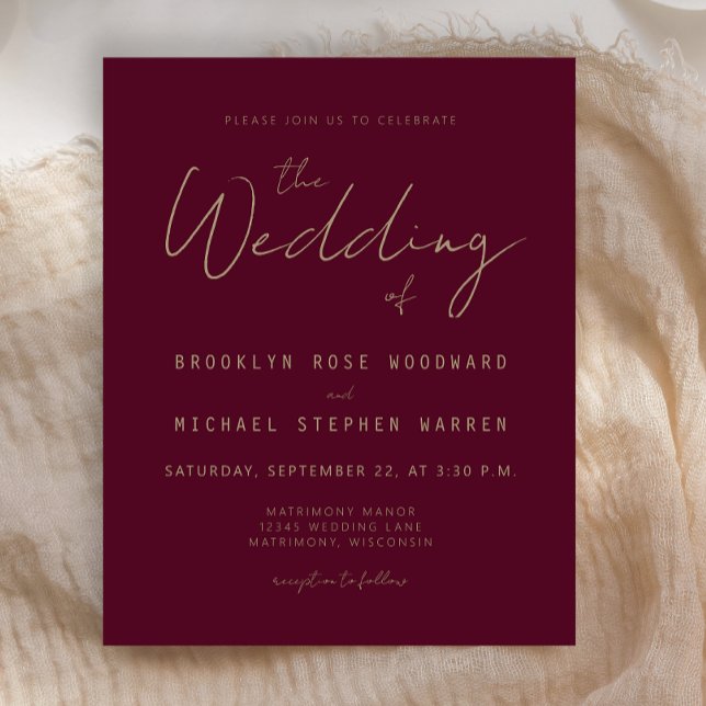Budget Minimal Burgundy Gold Script Einladung (Von Creator hochgeladen)